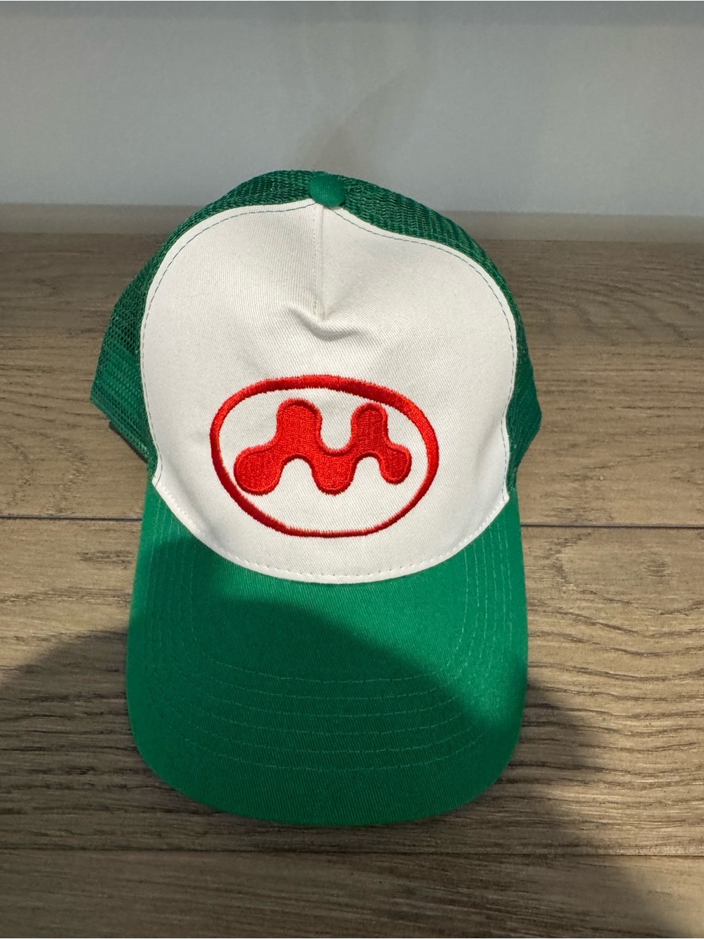 Mowalola Green and White Trucker Hat with Red Logo